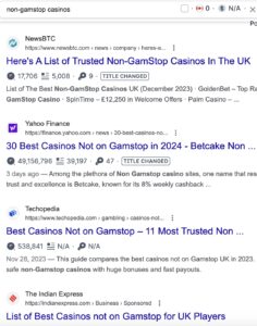 screen shot of Google search for non-gamstop casinos