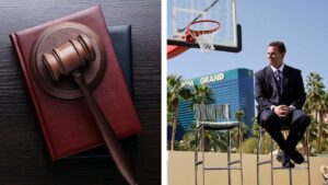 A gavel next to Scott Sibella sitting on a chair by a basketball hoop