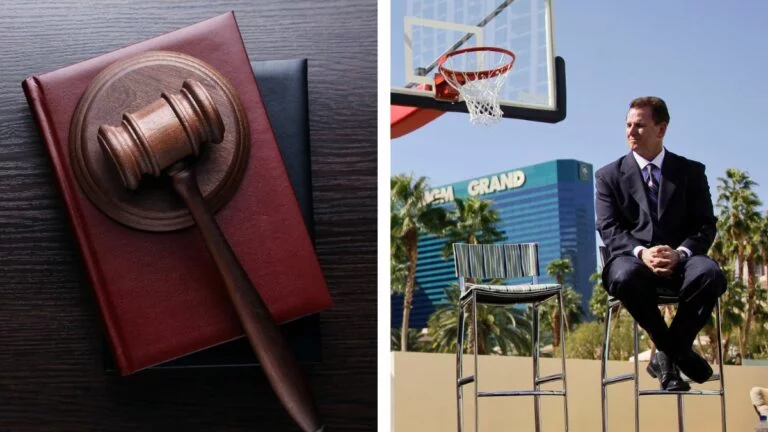 A gavel next to Scott Sibella sitting on a chair by a basketball hoop