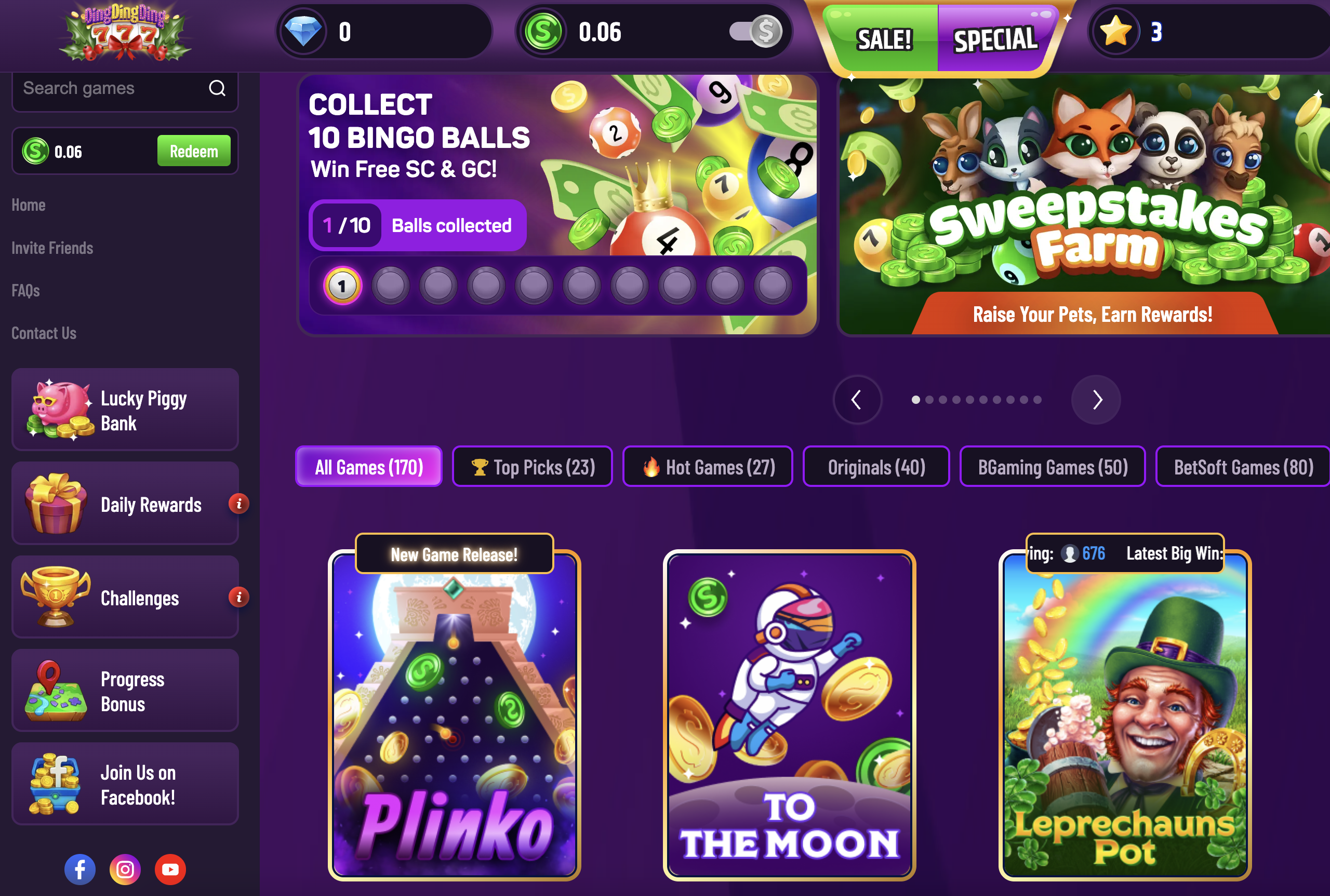 DingDingDing Casino lobby showing games and bonuses