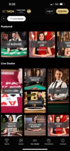 Menú de juegos con delears en vivo en la app de BetMGM 