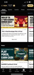 Menú de promociones de la app de BetMGM Casino