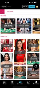 Menú de juegos con Dealers en vivo en la app de Borgata Casino