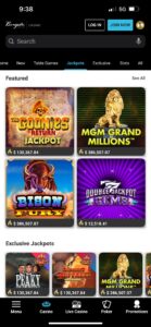Pantalla del menú principal de la app de Borgata Casino