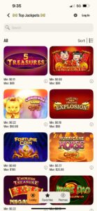 Pantalla de menú de Jackpots en la app Caesars Palace Caesars 