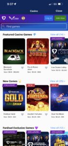 Menú principal de la app de FanDuel Casino 