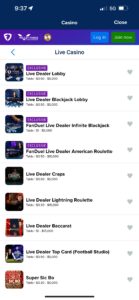 Sección de la app de FanDuel Casino con Live Dealers