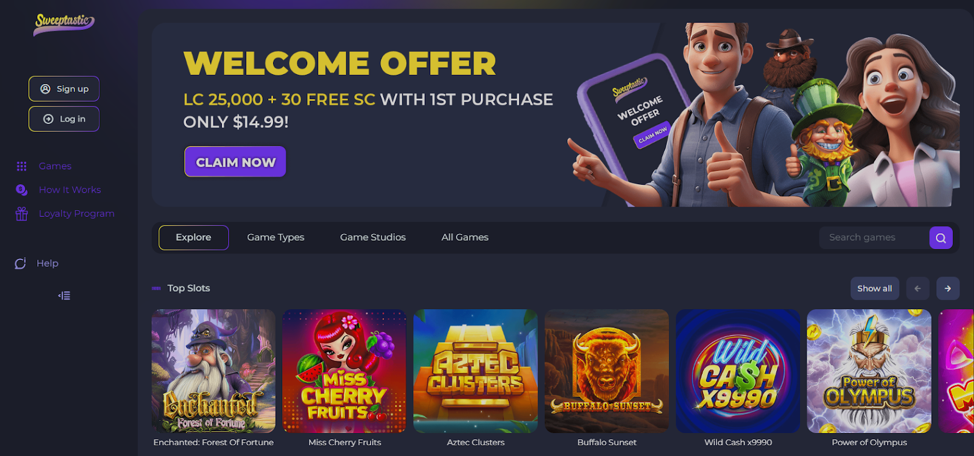 Pantalla del menú principal de Sweeptastic que muestran la oferta de bono de bienvenida y una sección para explorar los mejores juegos de tragamonedas. 