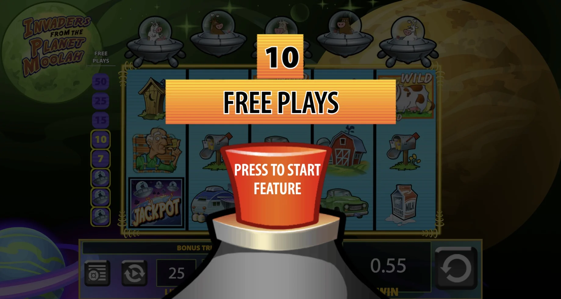 Invaders from the Planet Moolah 10 Free Plays Feature Screenshot