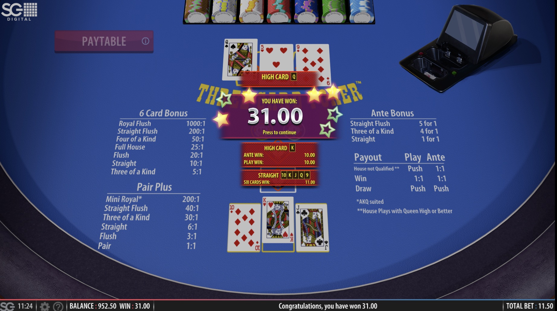 Three Card Poker Win and Side Bet Win Screenshot