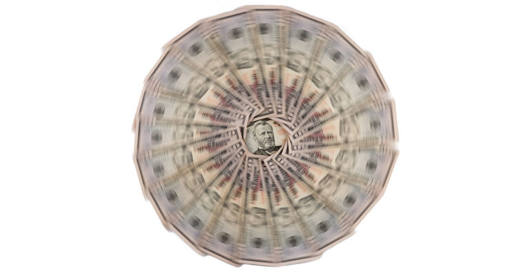 A spinning wheel of money.
