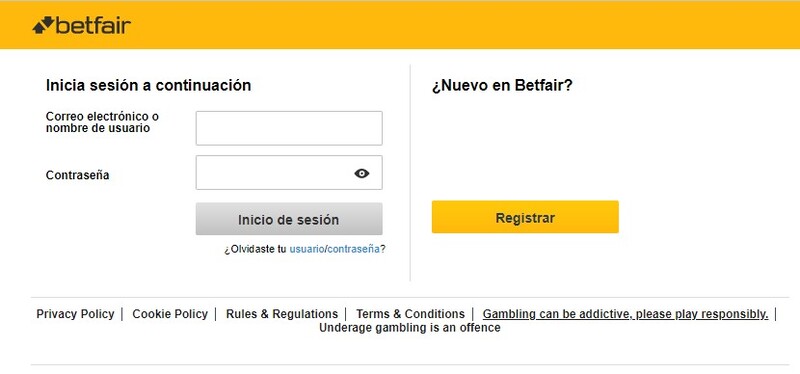 Interfaz de Betfair para iniciar sesión o registrarse como nuevo usuario, con campos de correo y contraseña