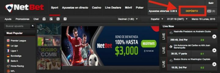 Captura de pantalla de la plataforma de apuestas NetBet destacando la opción 'DEPÓSITO' en la parte superior derecha, junto a promociones deportivas