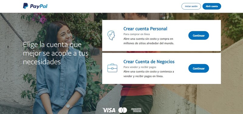 Pantalla de PayPal para elegir entre cuenta personal o de negocios, con botones para continuar.