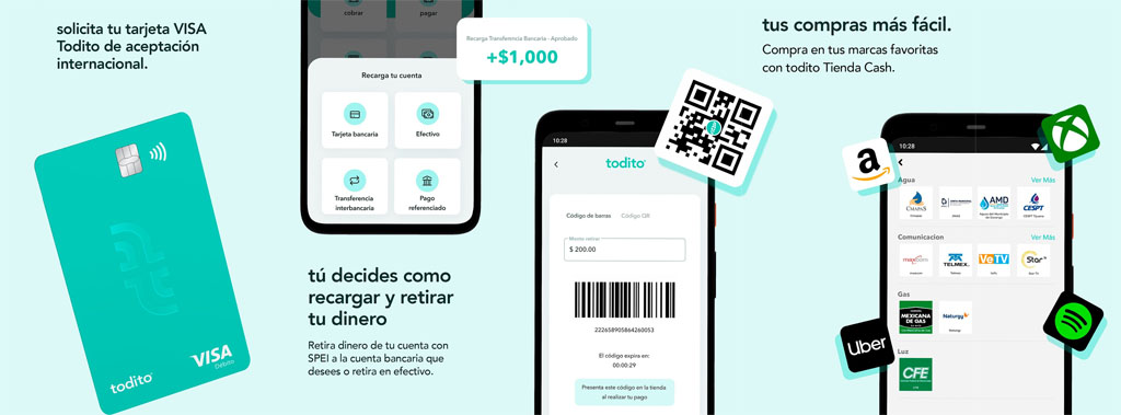 Banner de todito cash con la tarjeta visa, y tres smartphones con publicidad 