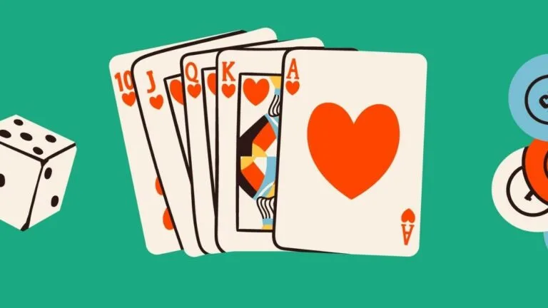 vector illustration features green background. Center image is hearts royal flush poker hand. A single die sits on the left with colorful casino chips on the right