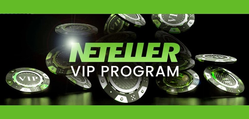 Fichas de casino negras y verdes flotando sobre fondo oscuro con el logotipo de NETELLER y el texto 'VIP Program'