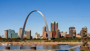 The Gateway Arch in St. Louis, MO, seen from across the Mississippi River.