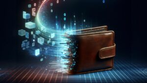 a wallet vaporizing into a digital world
