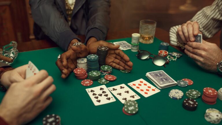 A poker table featuring multiple players