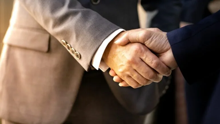 Close up of business handshake. Male coded arms wearing one gray and one navy business suit each shake hands