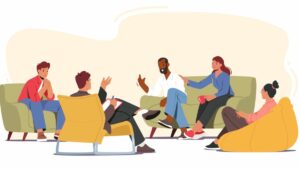 Colorful vector illustration depicting people of different races and genders seated on comfy seating having an emotional discussion.