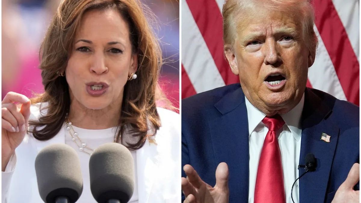 Associated Press combo image. Kamala Harris on left in white, speaking into mics. Donald Trump on right in blue suit with white shirt and red tie mid-gesture
