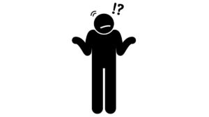 Black illustration on white background. Icon-style human figure displaying confusion