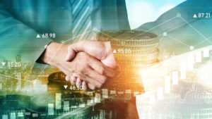 a handshake agreement with cyber symbols over the top of it