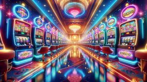 a virtual casino with rows of slot games