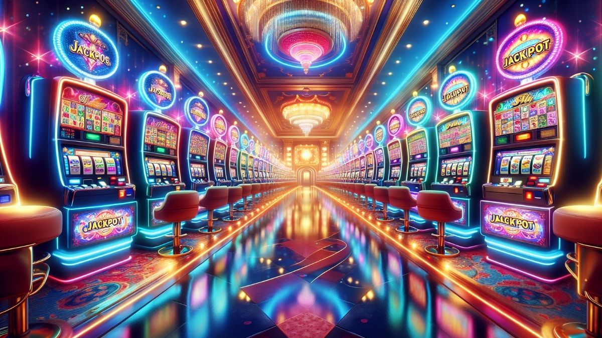 a virtual casino with rows of slot games