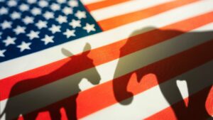An american flag with shadows of a donkey and an elephant on it