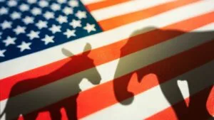 An american flag with shadows of a donkey and an elephant on it