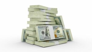 3D render of stacks of US $100 bills sit on a white surface against a white background