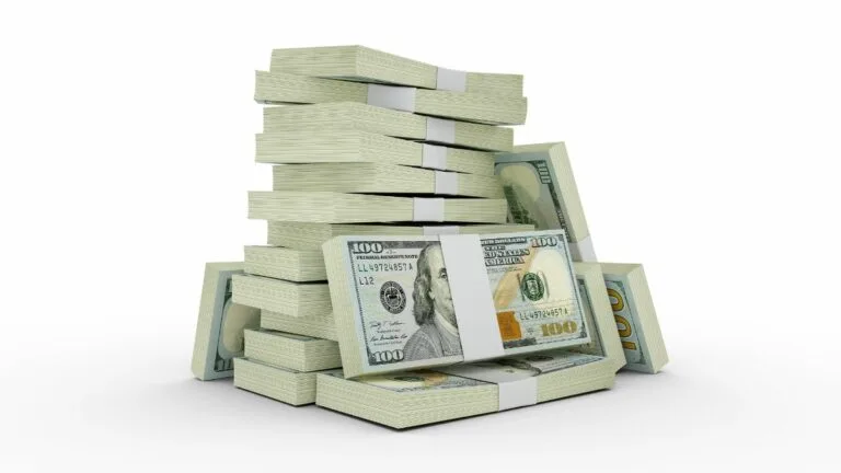 3D render of stacks of US $100 bills sit on a white surface against a white background
