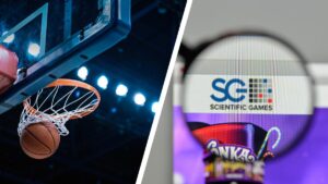 a basketball hoop next to a picture of the scientific games logo