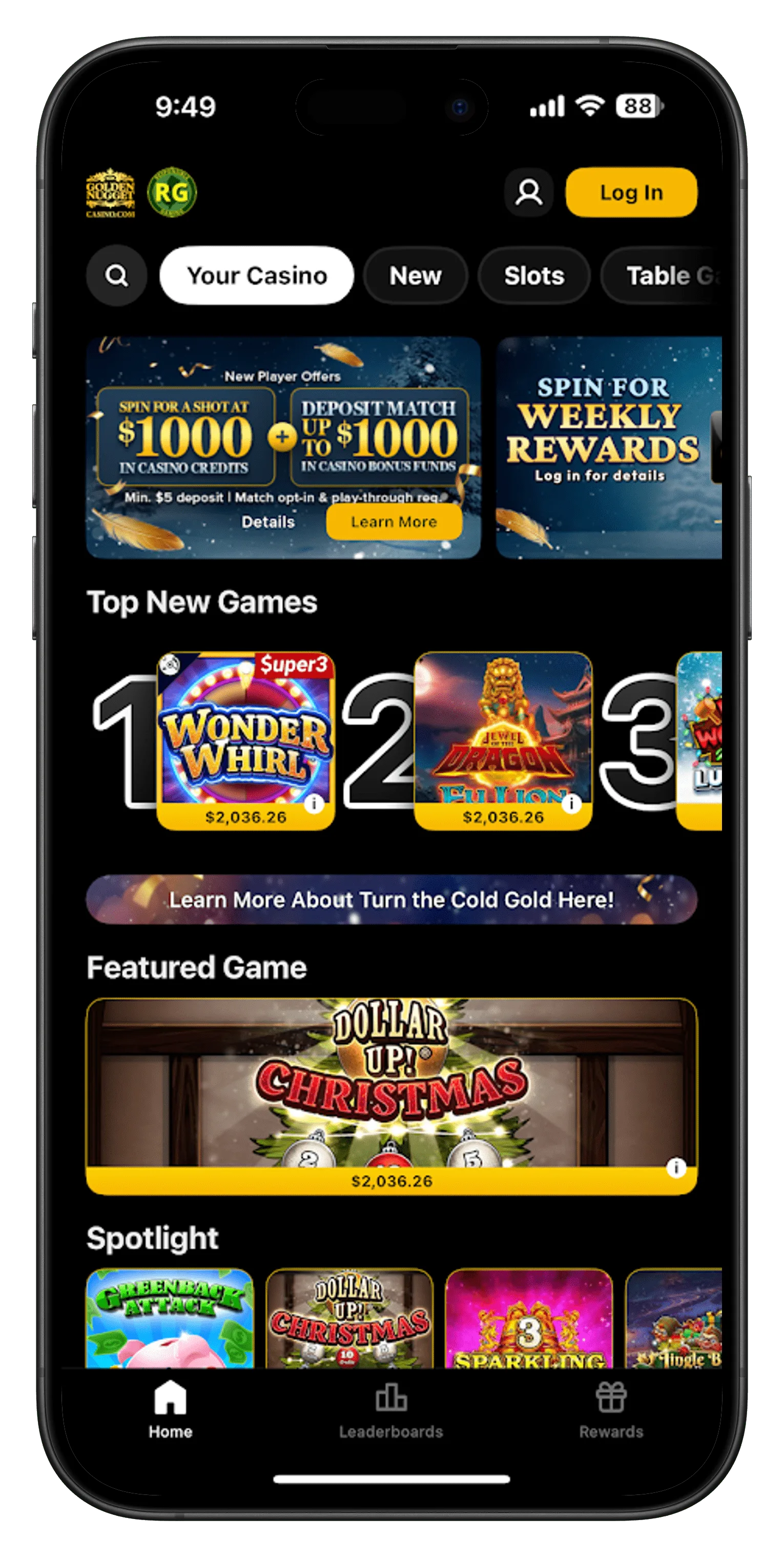 Golden Nugget App Home Screen
