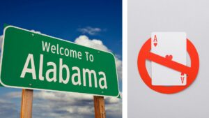 a sign of welcome to alabama next to a crossed out playing card