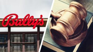 a picture of a ballys building next to a picture of a gavel
