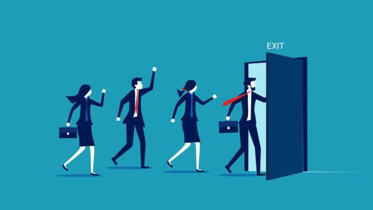 animation of people leaving a room through an exit door
