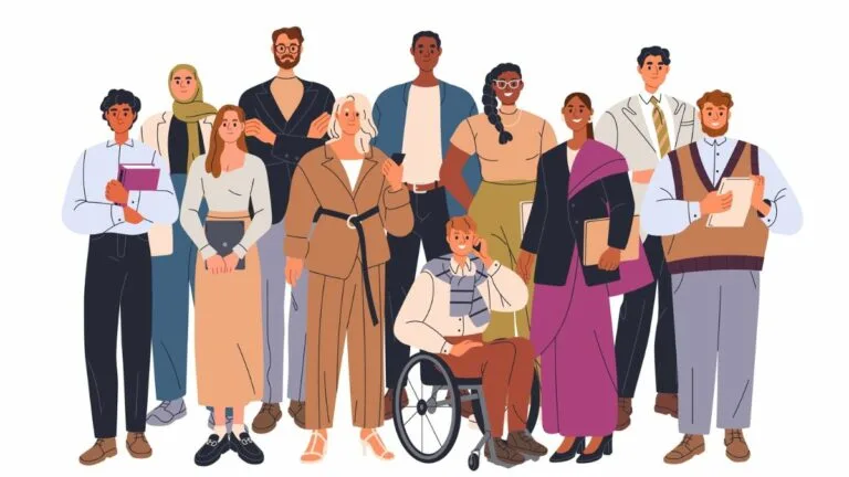 illustration of diverse group of business people depicting different genders, ethnicities, and abilities, standing together