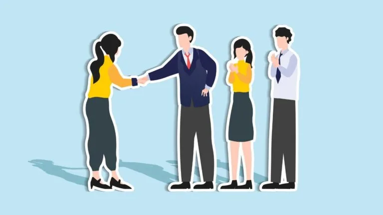 Illustration done in paper cutout style of 4 different gendered employees greeting one another depicting new hire onboarding concept