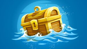 cartoon style digital illustration of golden pirate chest floating ina awavy blue sea