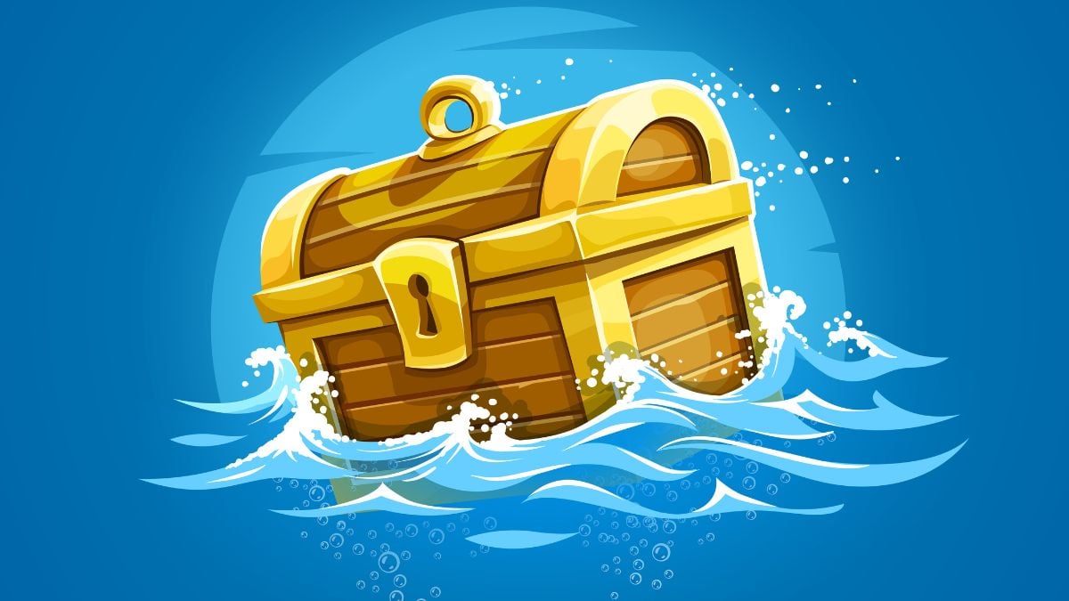 cartoon style digital illustration of golden pirate chest floating ina awavy blue sea