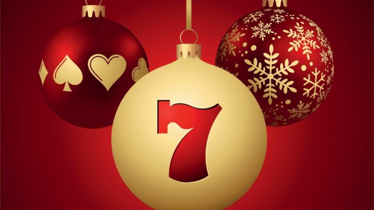 three christmas ornaments with gambling icons on them