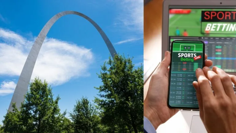the st. louis arch next to a person holding a phone with sports betting on it