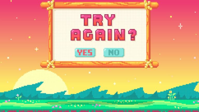 pixel art design of colorful outdoor landscape. Game design-style arcade screen features banner that reads try again, yes, no