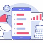 illustration of a budget tracking concept featuring smartphone, pie chart, calculator, bar chart done in flat outline style