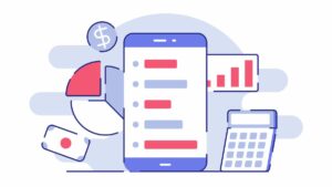 illustration of a budget tracking concept featuring smartphone, pie chart, calculator, bar chart done in flat outline style