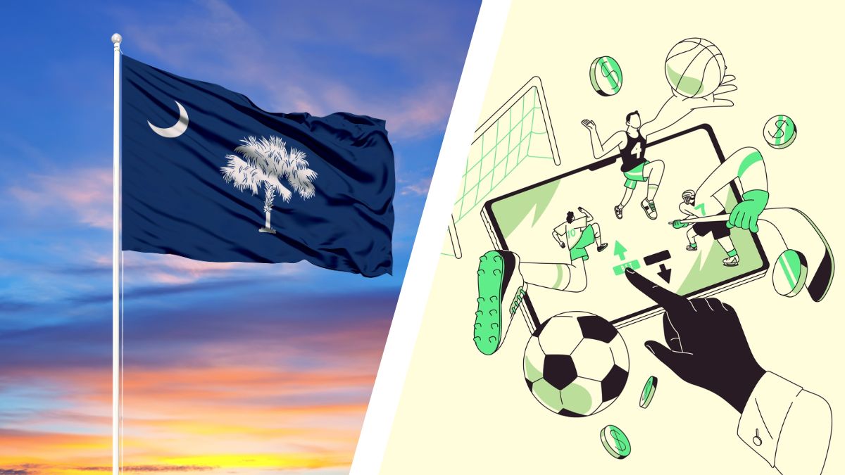 the south carolina flag next to an image of sports being played on a phone with coins dropping